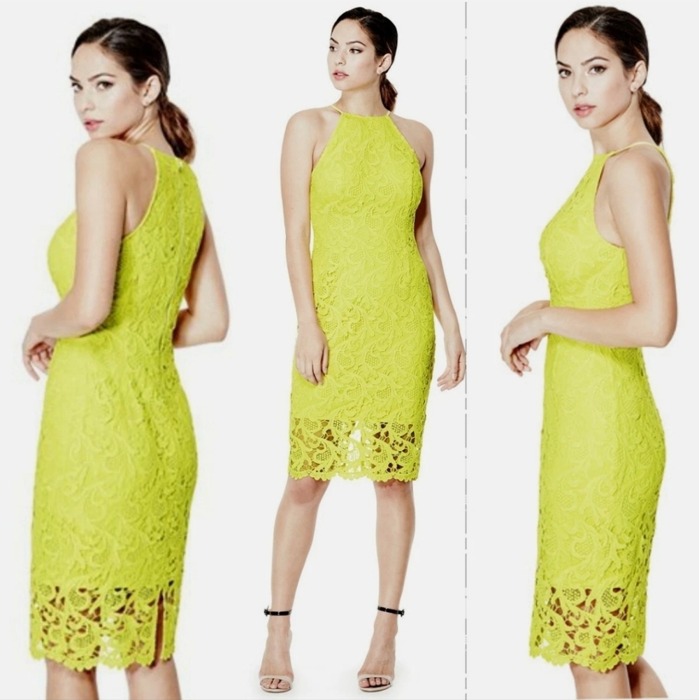 Guess Chartreuse Freja Lace Halter Midi Dress